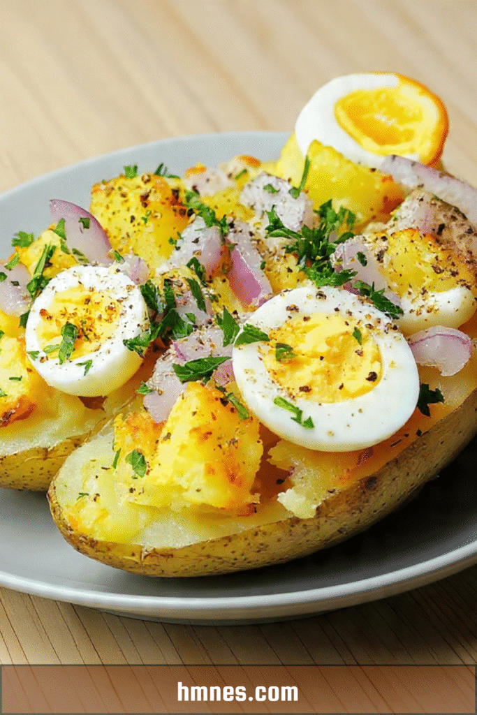 Pommes de terre farcies au thon et œufs durs avec oignons rouges et persil