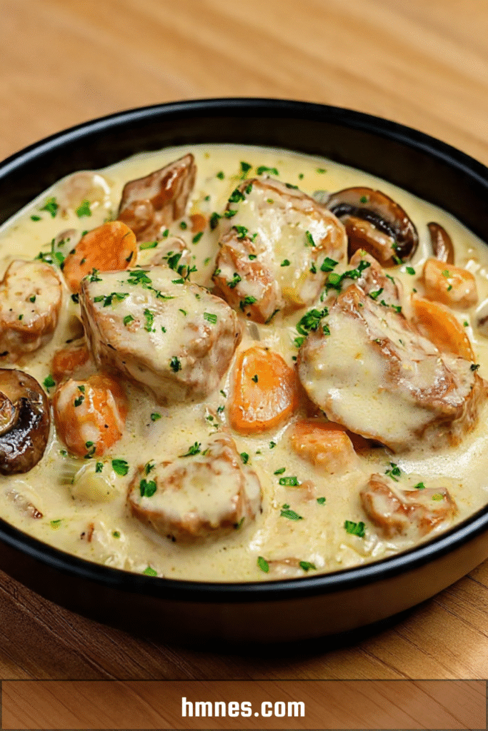 Blanquette de veau crémeuse traditionnelle aux carottes et champignons
