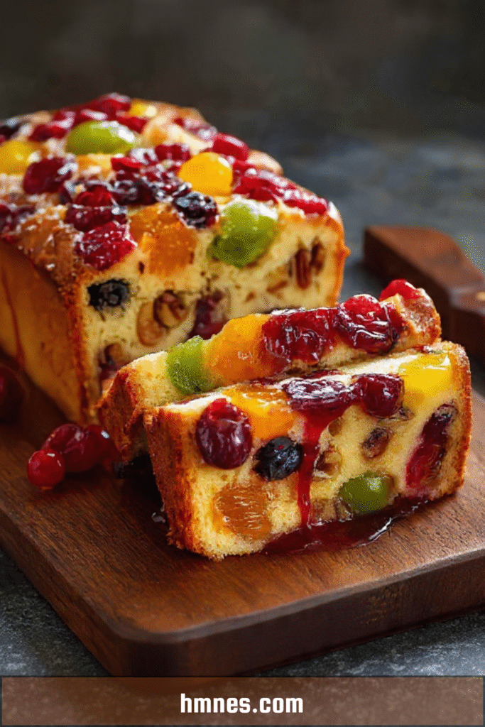Cake aux fruits confits et fruits secs tranché avec nappage brillant