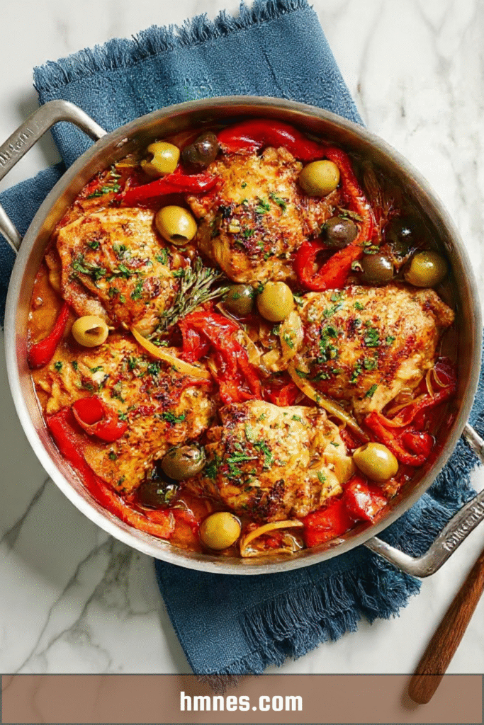 Poulet mijoté aux poivrons rouges et olives en sauce maison
