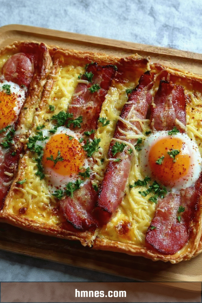 Tarte croustillante œufs bacon fromage dorée au four avec jaune coulant