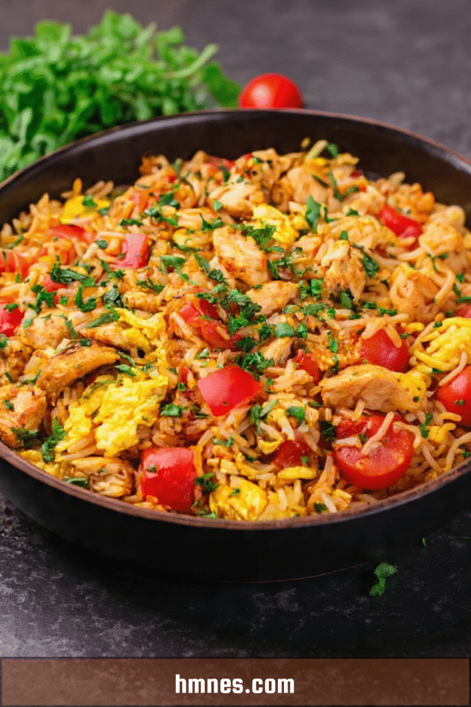 Riz sauté au poulet et aux œufs maison, doré et parfumé