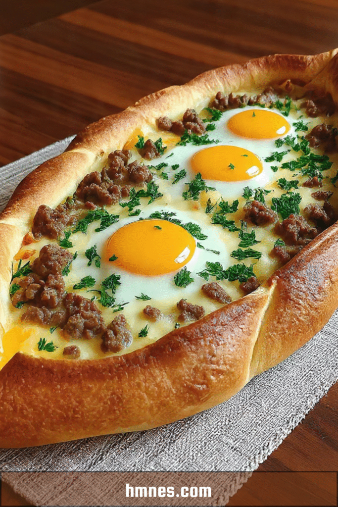 Pide à la viande hachée et aux œufs, pain turc doré au four