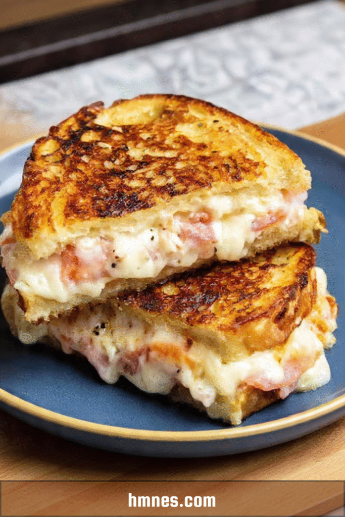 Croque fondant jambon fromage à la poêle, pain doré et fromage coulant