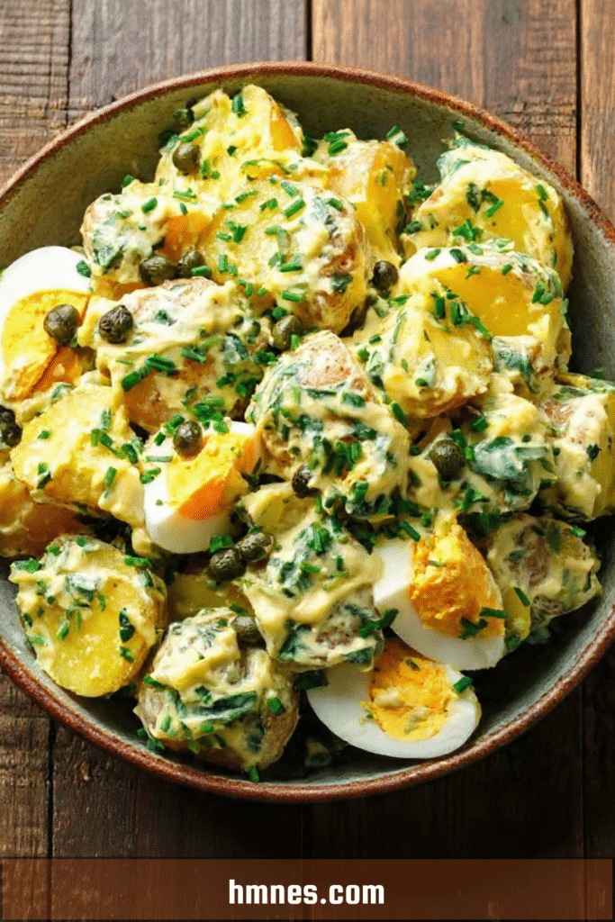 Salade de pommes de terre œufs câpres avec sauce crémeuse et herbes fraîches