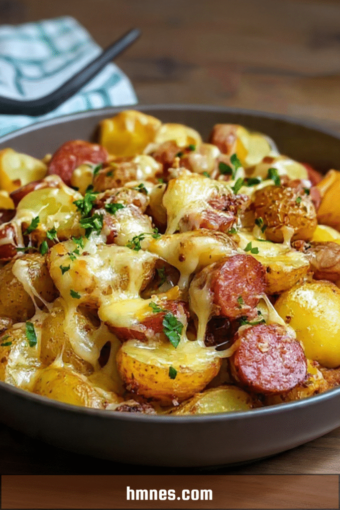 Poêlée de pommes de terre dorées aux saucisses fumées et fromage fondu filant