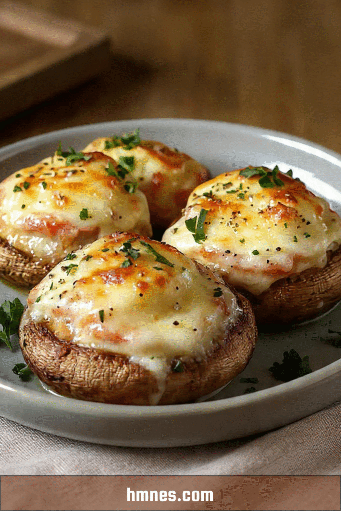 Champignons de Paris farcis jambon fromage gratinés au four avec fromage doré
