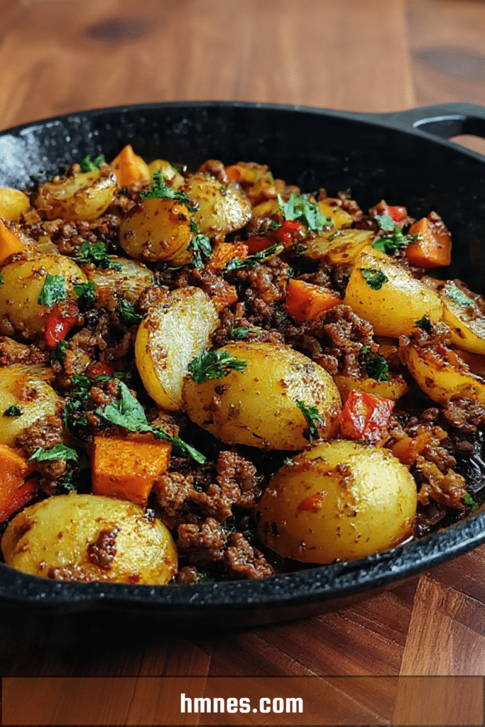 Poêlée de pommes de terre à la viande hachée dorée à la poêle