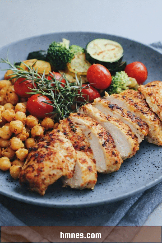 Blanc de poulet épicé servi avec pois chiches rôtis et légumes sautés