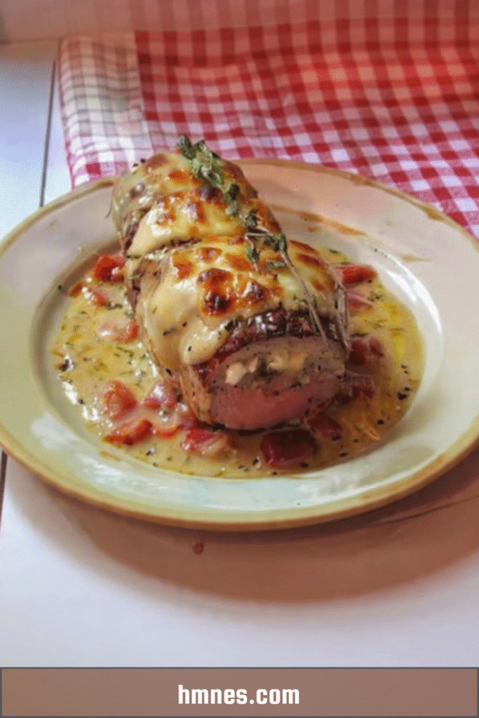 Filet mignon de porc au Boursin gratiné nappé de sauce crémeuse aux lardons