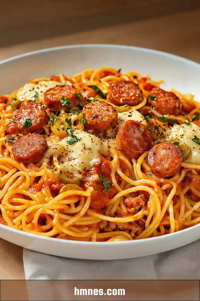 Spaghetti à la saucisse nappés de sauce tomate fondante avec fromage fondu et persil frais