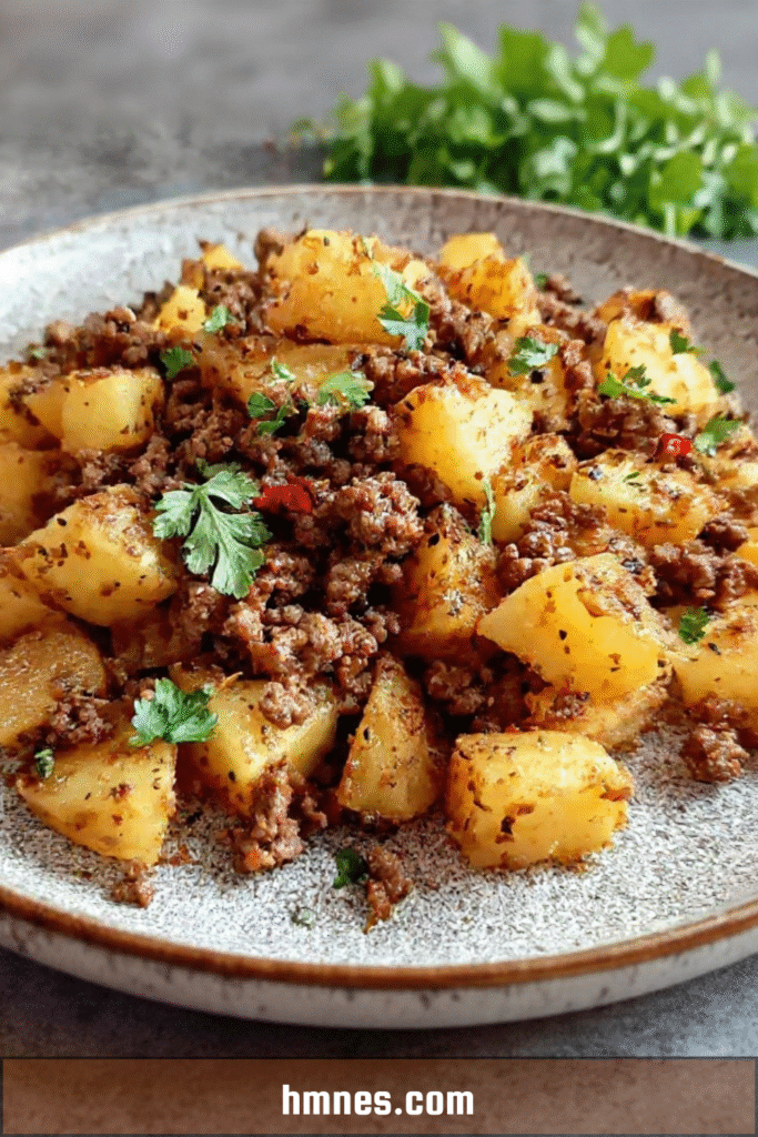 Pommes de terre sautées à la viande hachée épicée dorées à la poêle