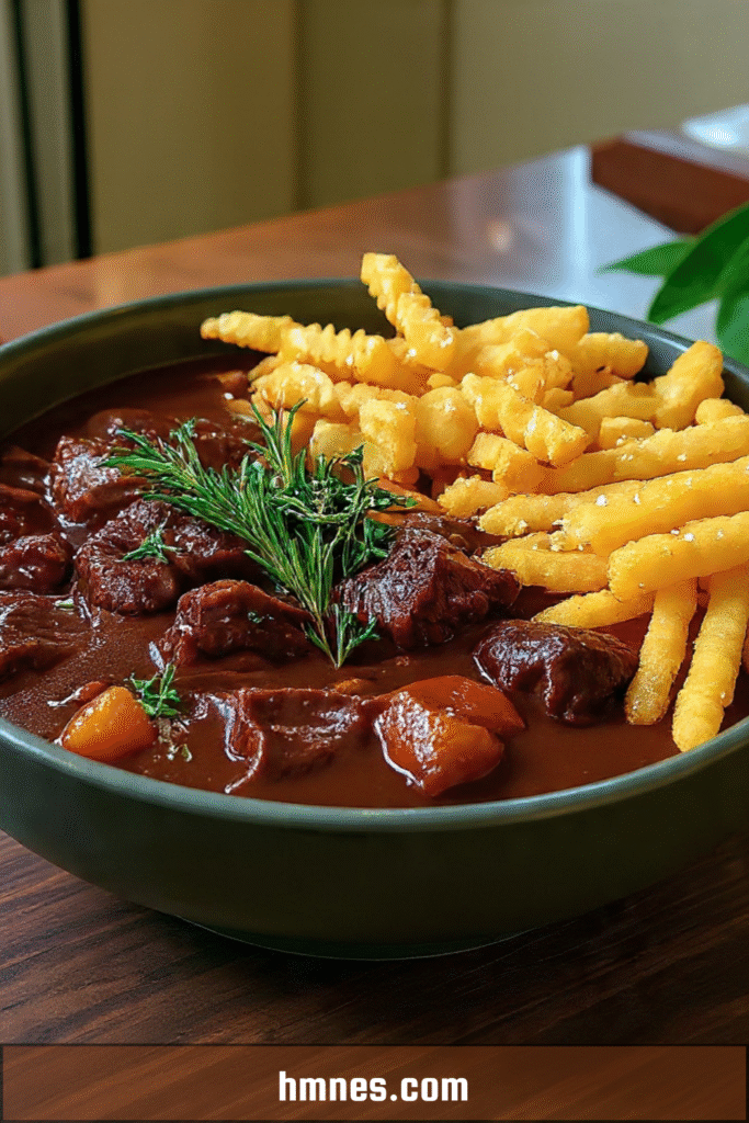 Bœuf mijoté fondant en sauce accompagné de frites croustillantes