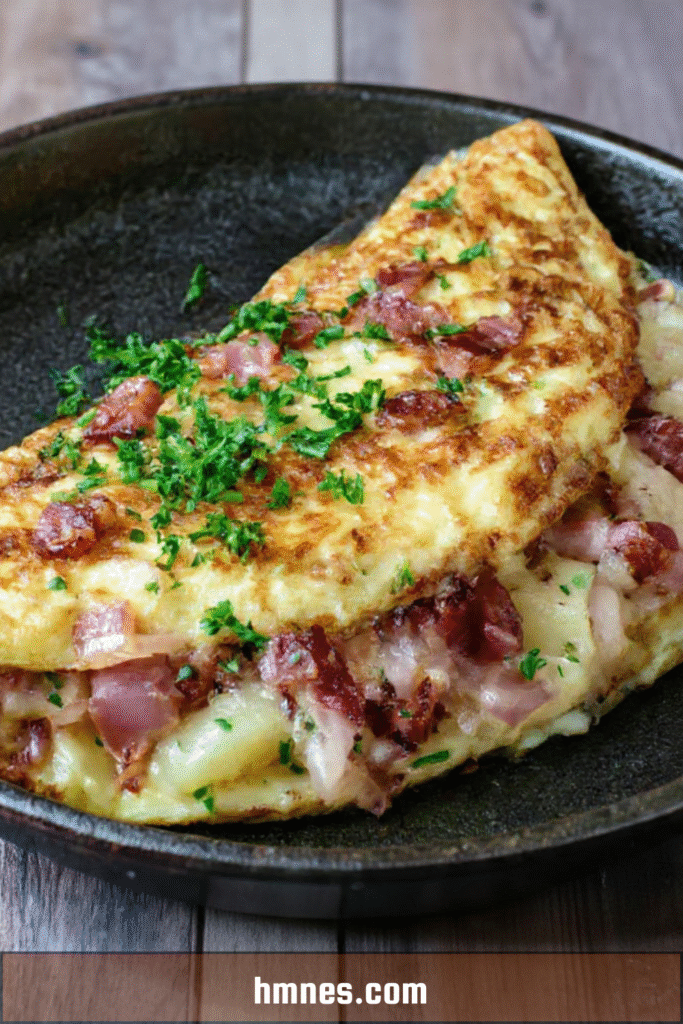 Omelette roulée jambon Comté fondant servie bien chaude