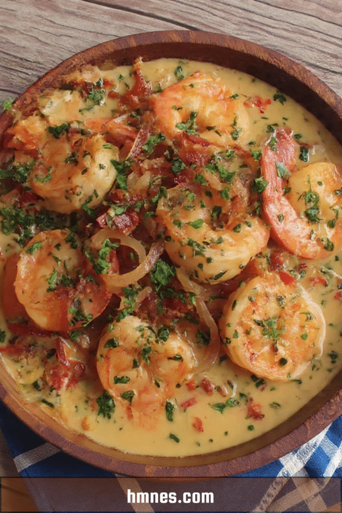Wok de crevettes au lait de coco avec oignons fondants et lardons