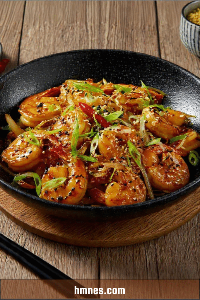 Wok de crevettes caramélisées soja sésame avec oignons verts et graines de sésame