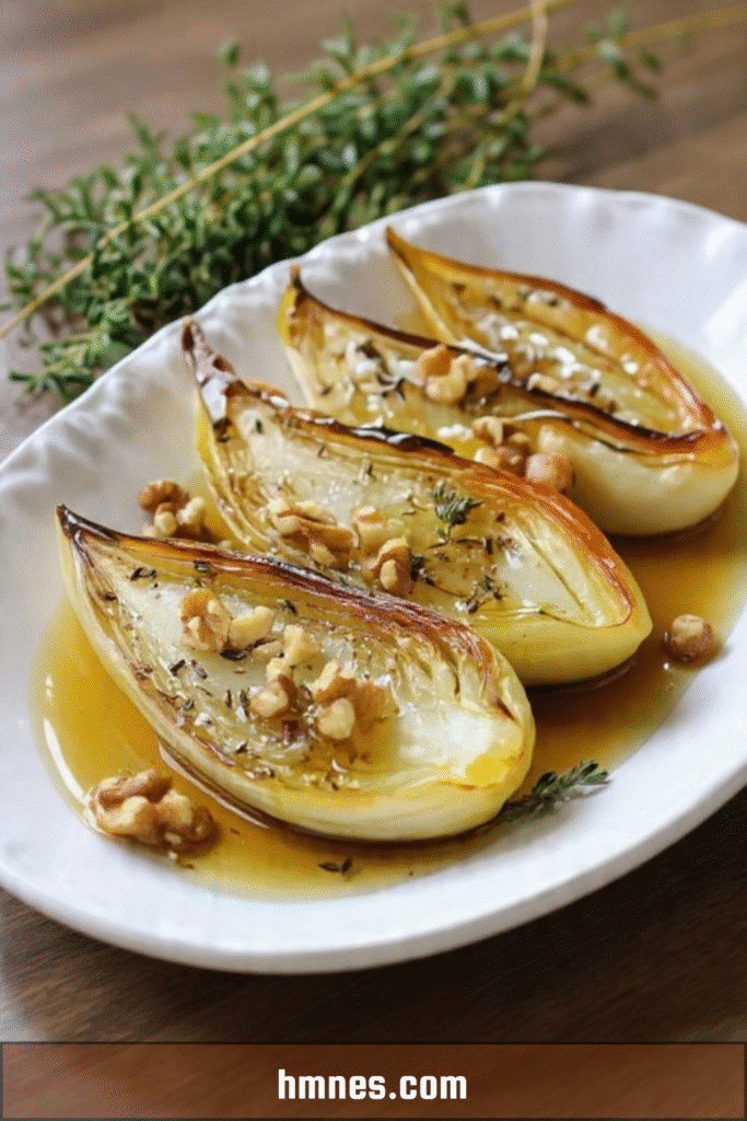 Endives rôties thym miel et noix de Grenoble fondantes au four
