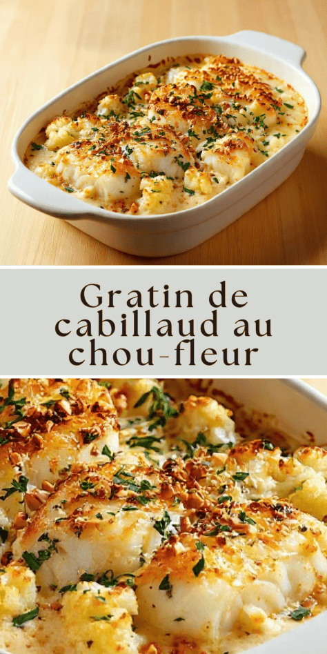 Gratin de cabillaud au chou-fleur crémeux avec fromage gratiné et fruits secs