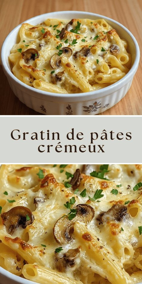 Gratin de pâtes crémeux aux champignons doré au four avec fromage fondu