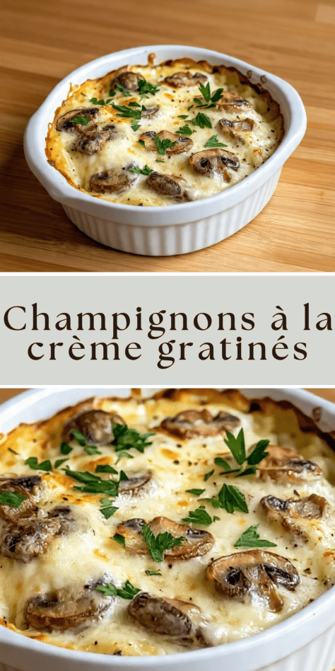 Champignons à la crème gratinés dorés au four avec fromage fondu