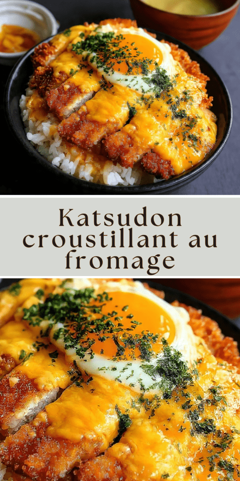 Katsudon croustillant au fromage et œuf coulant servi sur riz japonais