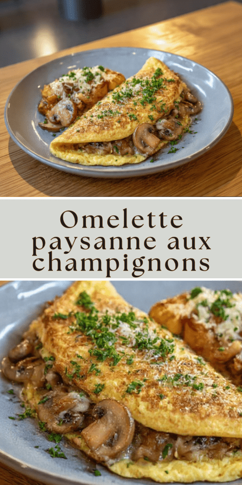 Omelette paysanne aux champignons ail et fromage fondant servie bien chaude