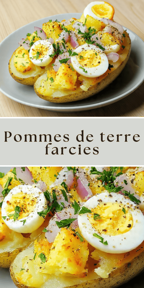 Pommes de terre farcies au thon et œufs durs avec oignons rouges et persil