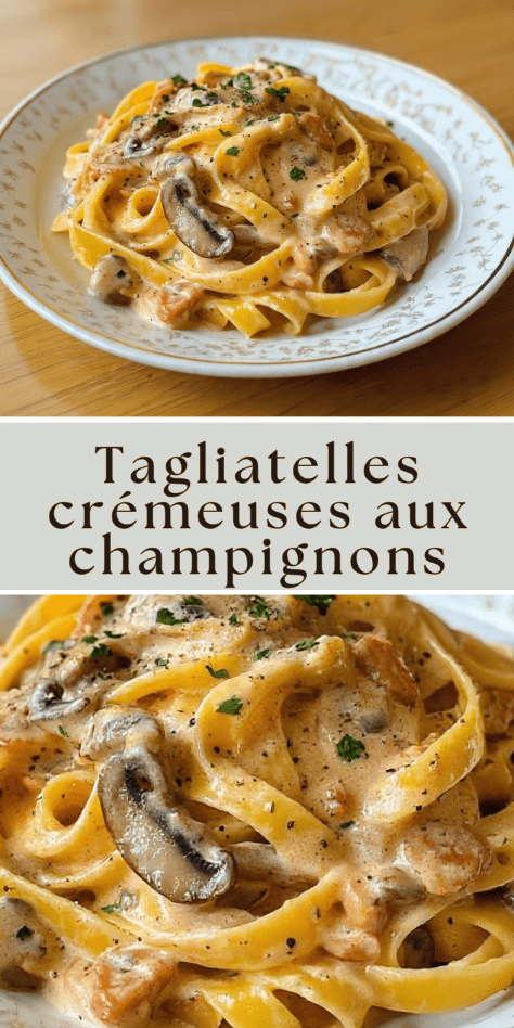 Tagliatelles crémeuses aux champignons nappées de sauce onctueuse au parmesan dans une assiette