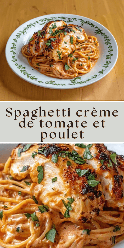 Spaghetti crème de tomate poulet rôti nappés de sauce onctueuse et persil frais