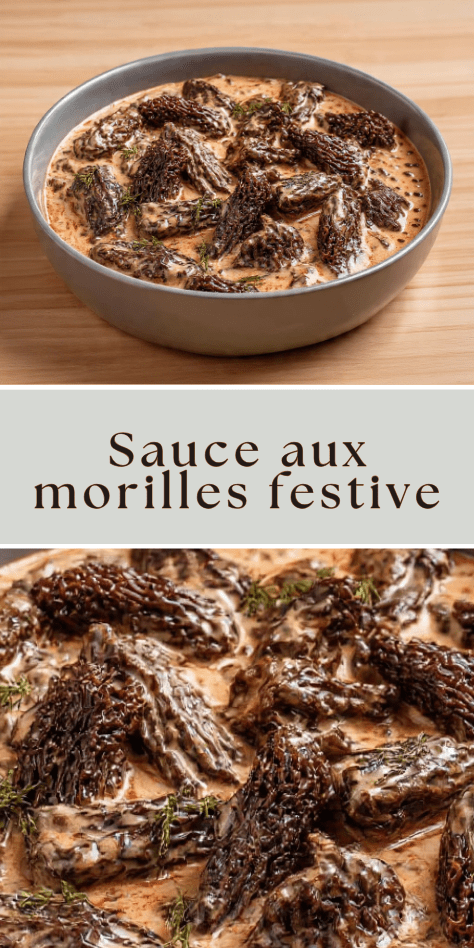 Sauce aux morilles pour volaille crémeuse servie en saucière avec morilles entières et herbes fraîches