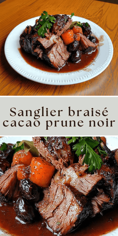 Sanglier braisé cacao prune noire mijoté en cocotte avec sauce sombre et légumes fondants