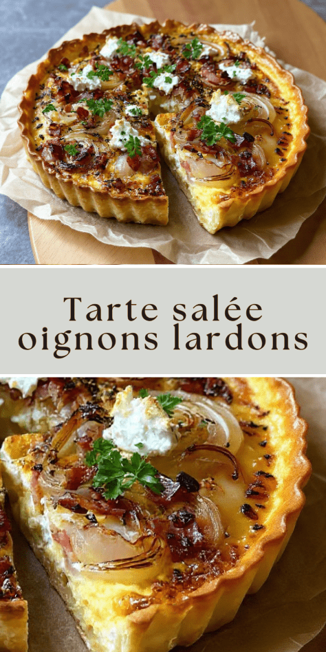 Tarte salée oignons lardons fromage frais dorée au four avec garniture fondante