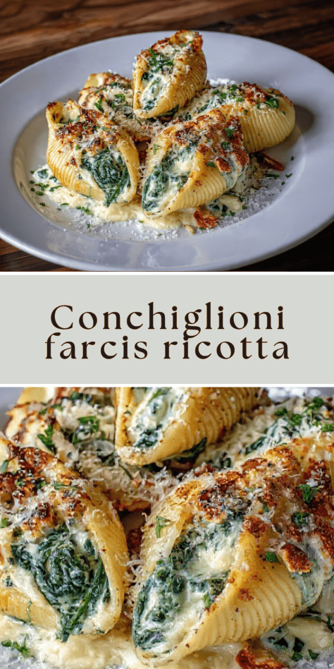 Conchiglioni farcis ricotta épinards gratinés au four avec parmesan doré