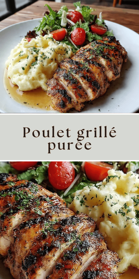 Poulet grillé purée maison et salade fraîche servis dans une assiette équilibrée
