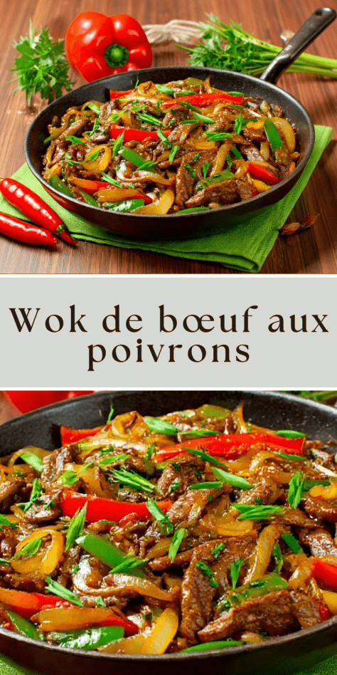 Wok de bœuf poivrons et oignons fondants sautés à feu vif dans un wok