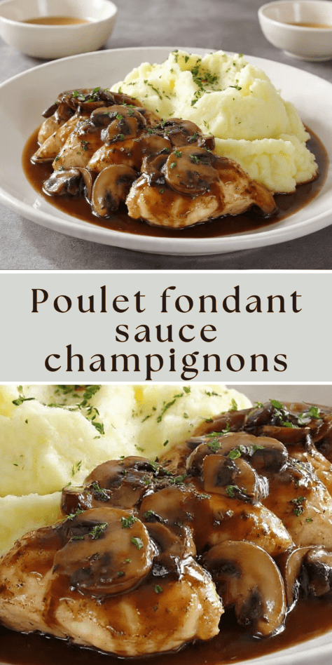 Poulet fondant sauce champignons servi avec une purée onctueuse maison
