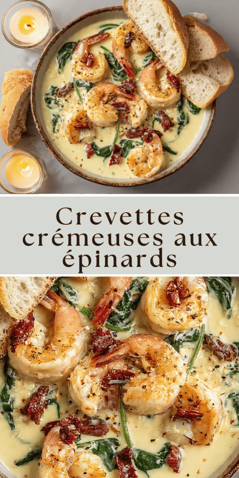 Crevettes crémeuses épinards et tomates séchées servies avec pain rustique