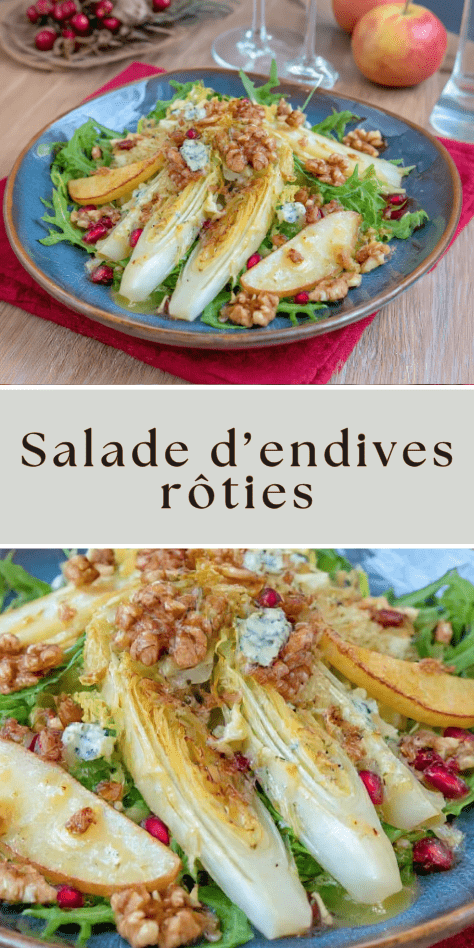 Salade d’endives rôties aux pommes dorées, noix et fromage bleu