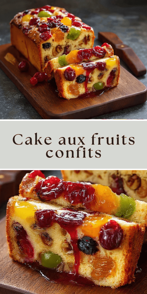 Cake aux fruits confits et fruits secs tranché avec nappage brillant