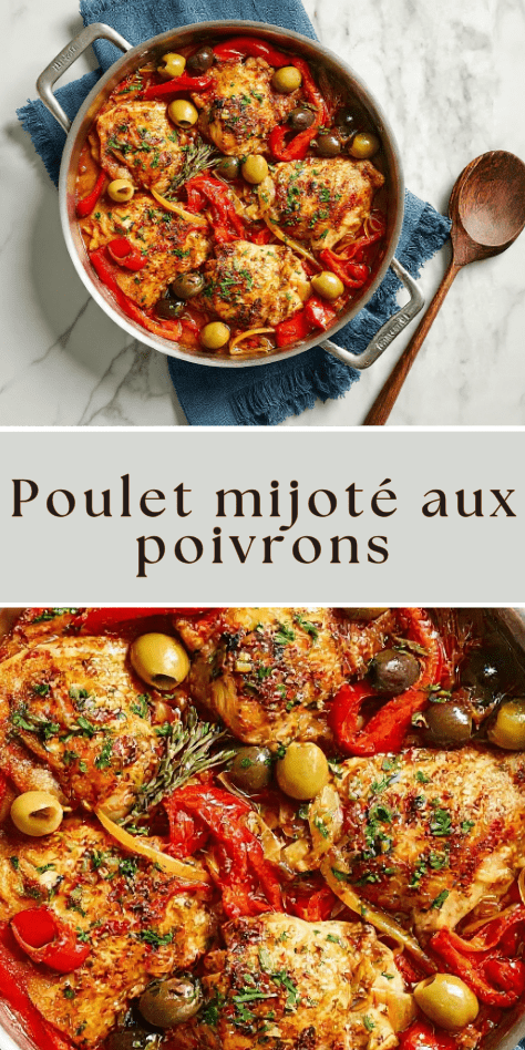 Poulet mijoté aux poivrons rouges et olives en sauce maison