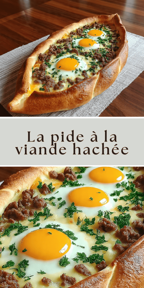 Pide à la viande hachée et aux œufs, pain turc doré au four
