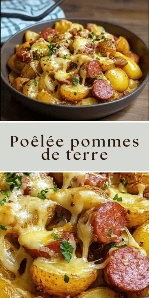 Poêlée de pommes de terre dorées aux saucisses fumées et fromage fondu filant