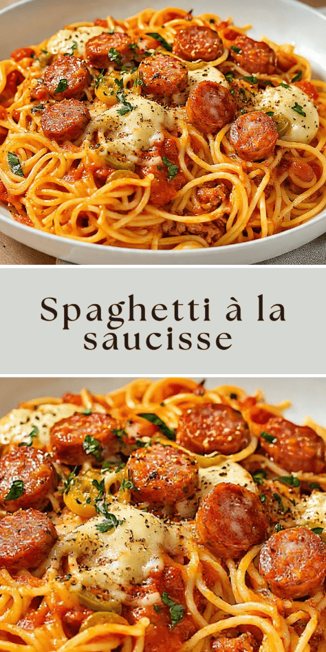 Spaghetti à la saucisse nappés de sauce tomate fondante avec fromage fondu et persil frais
