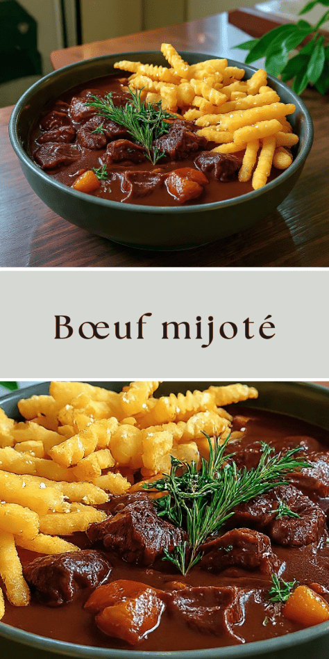 Bœuf mijoté fondant en sauce accompagné de frites croustillantes
