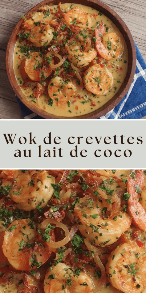 Wok de crevettes au lait de coco avec oignons fondants et lardons