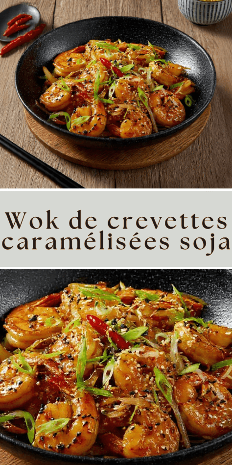 Wok de crevettes caramélisées soja sésame avec oignons verts et graines de sésame