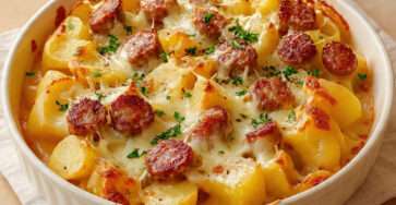Gratin de pommes de terre et saucisses doré au four avec fromage fondu