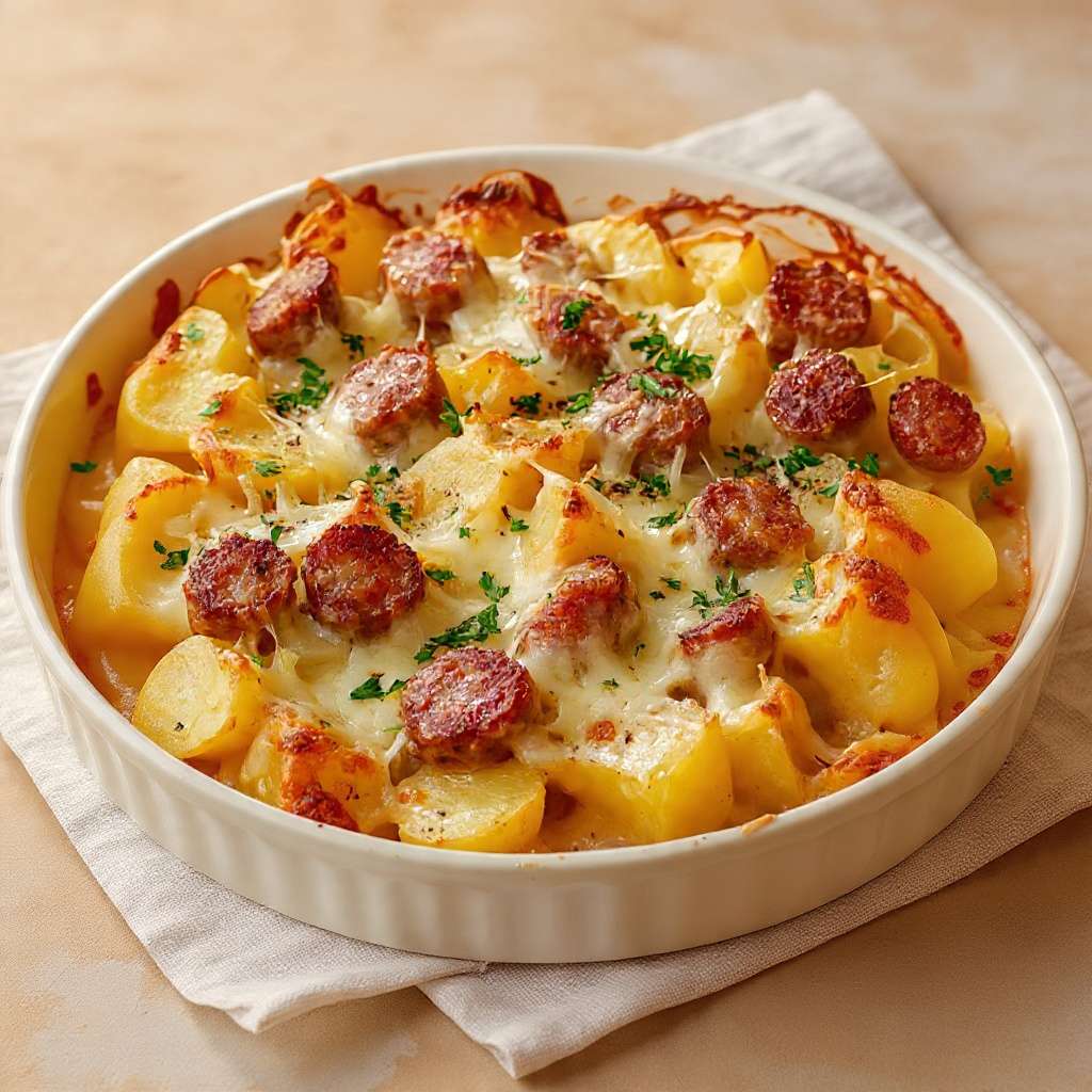 Gratin de pommes de terre et saucisses doré au four avec fromage fondu