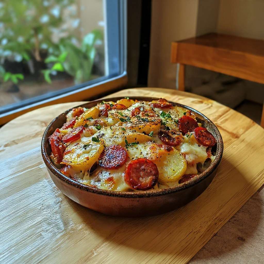Gratin de pommes de terre au chorizo fondant avec fromage gratiné