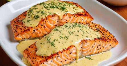 Saumon rôti sauce crémeuse à la moutarde et aneth avec zestes de citron